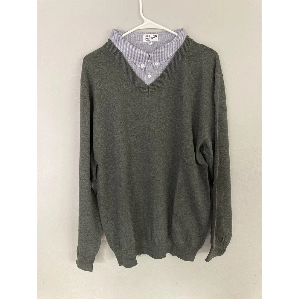 Vtg Flying Point Sweater Men XL VNeck Cotton Knit 1 Piece Shirt Collar Trim NEW